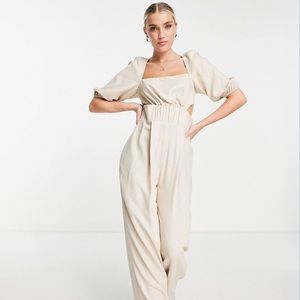 ASOS DESIGN ruched waist puff sleeve linen jumpsuit in stone